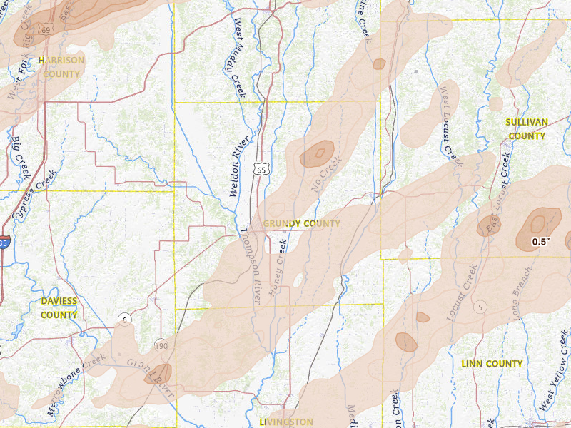 Radar-estimated hail-size map of the storm over Trenton, MO on Apr 17, 2026