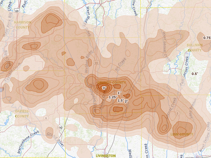 Radar-estimated hail-size map of the storm over Trenton, MO on May 16, 2026