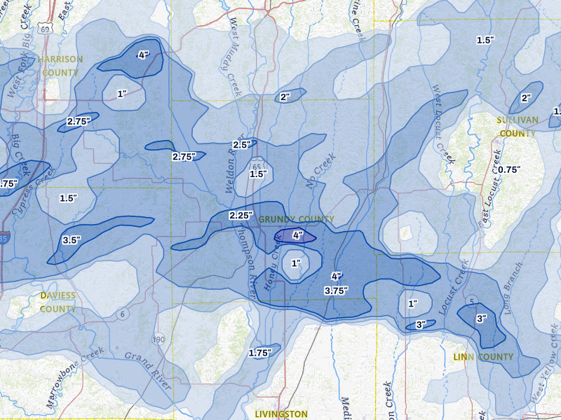 NEXRAD radar-signature map of the hail storm over Trenton, MO on May 16, 2026