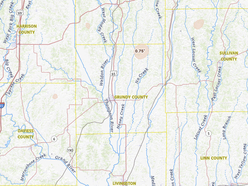 Radar-estimated hail-size map of the storm over Trenton, MO on Jun 6, 2026
