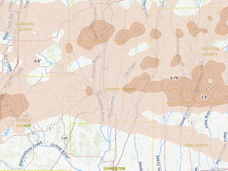 Radar-estimated hail-size map of the storm over Trenton, MO on Jun 10, 2026