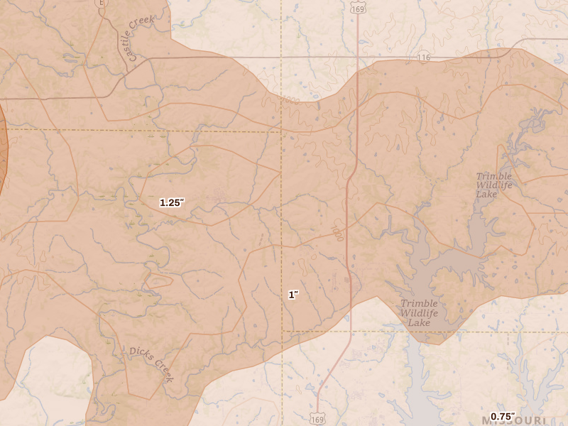 Radar-estimated hail-size map of the storm over Trimble, MO on Apr 26, 2026