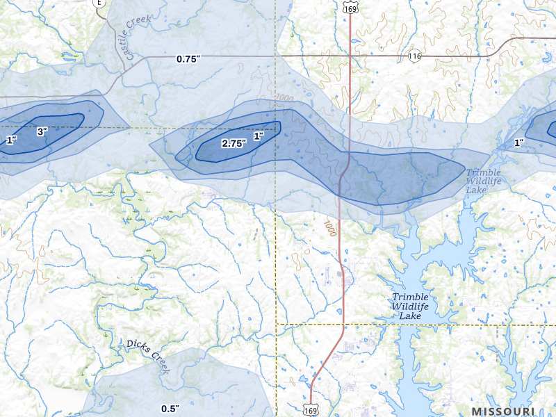NEXRAD radar-signature map of the hail over Trimble, MO