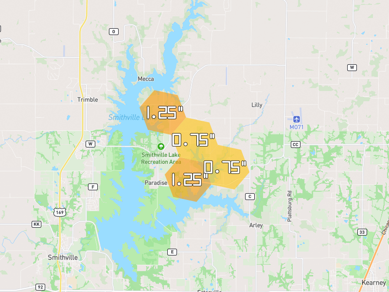 Hail map of Trimble, MO on Jun 1, 2026, hail up to 1.25"