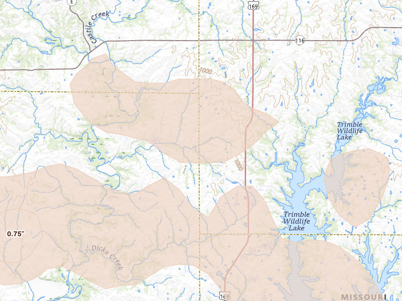 Radar-estimated hail-size map of the storm over Trimble, MO on Aug 5, 2026