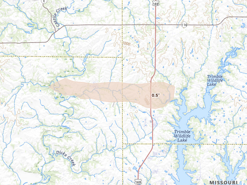 Radar-estimated hail-size map of the storm over Trimble, MO on Aug 9, 2026