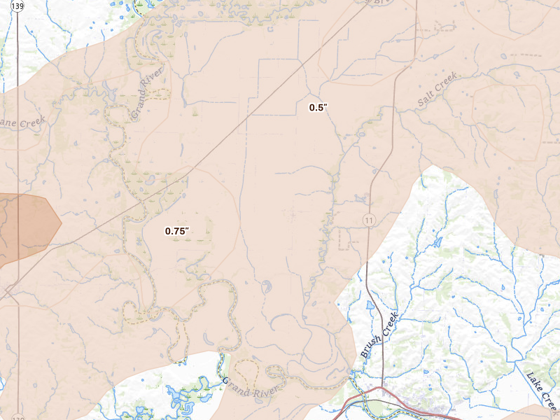 Radar-estimated hail-size map of the storm over Triplett, MO on Mar 10, 2026