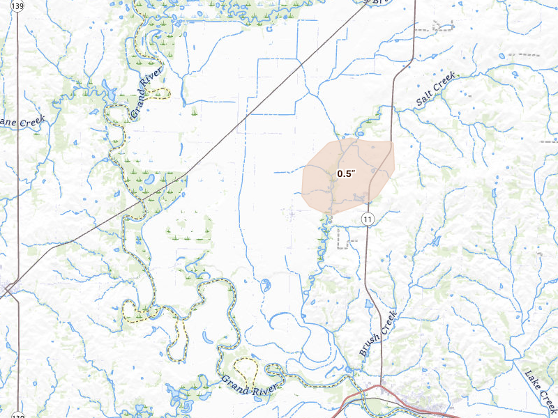 Radar-estimated hail-size map of the storm over Triplett, MO on Apr 13, 2026