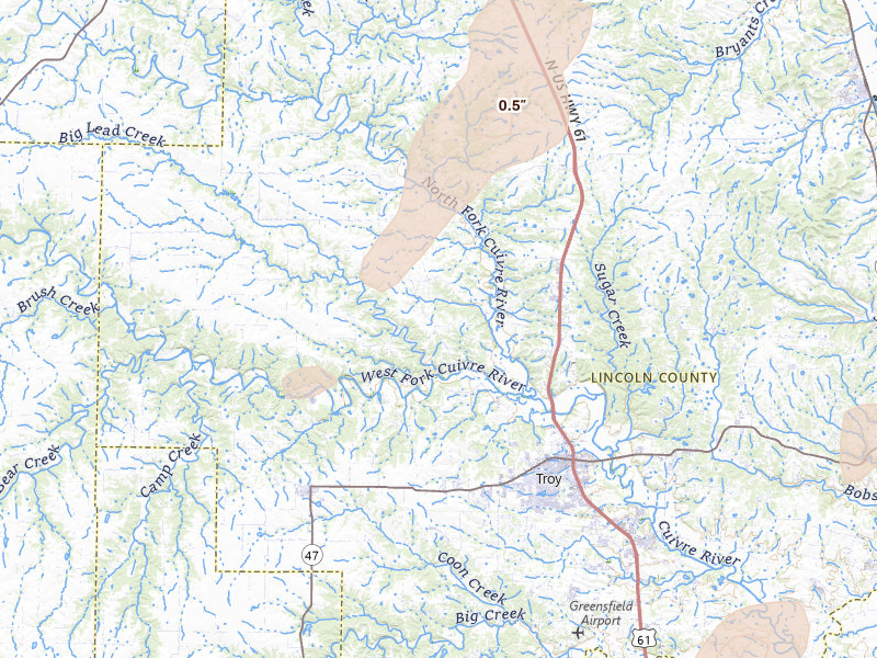 Radar-estimated hail-size map of the storm over Troy, MO on Apr 17, 2026