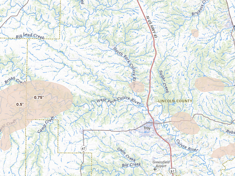 Radar-estimated hail-size map of the storm over Troy, MO on May 16, 2026