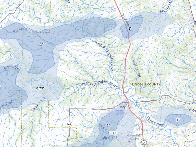 NEXRAD radar-signature map of the hail storm over Troy, MO on Jul 10, 2026