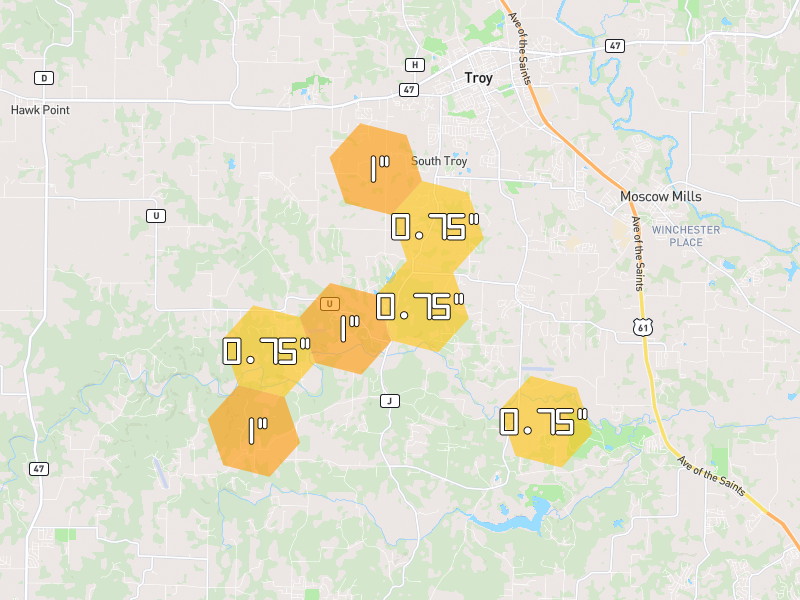 Hail map of Troy, MO on Jul 11, 2026, hail up to 1"