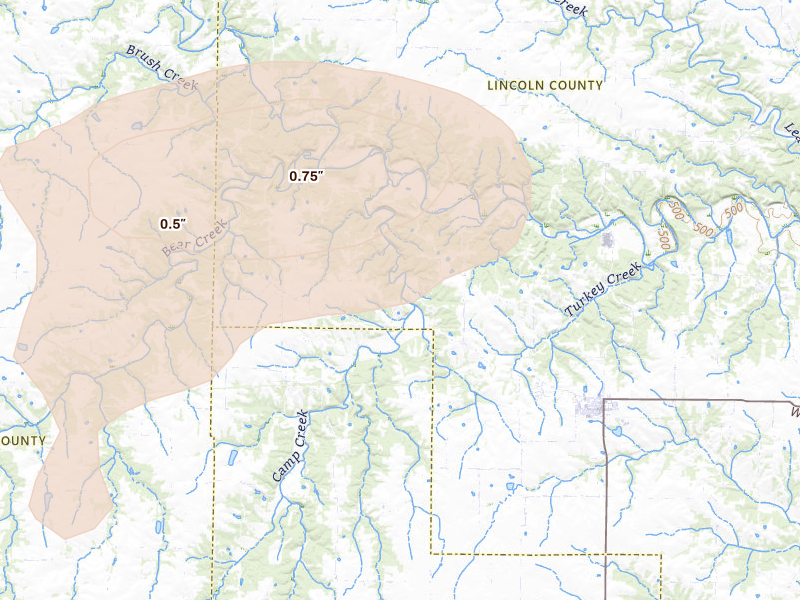 Radar-estimated hail-size map of the storm over Truxton, MO on May 16, 2026