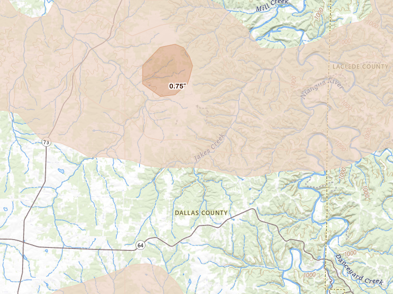 Radar-estimated hail-size map of the storm over Tunas, MO on Apr 26, 2026