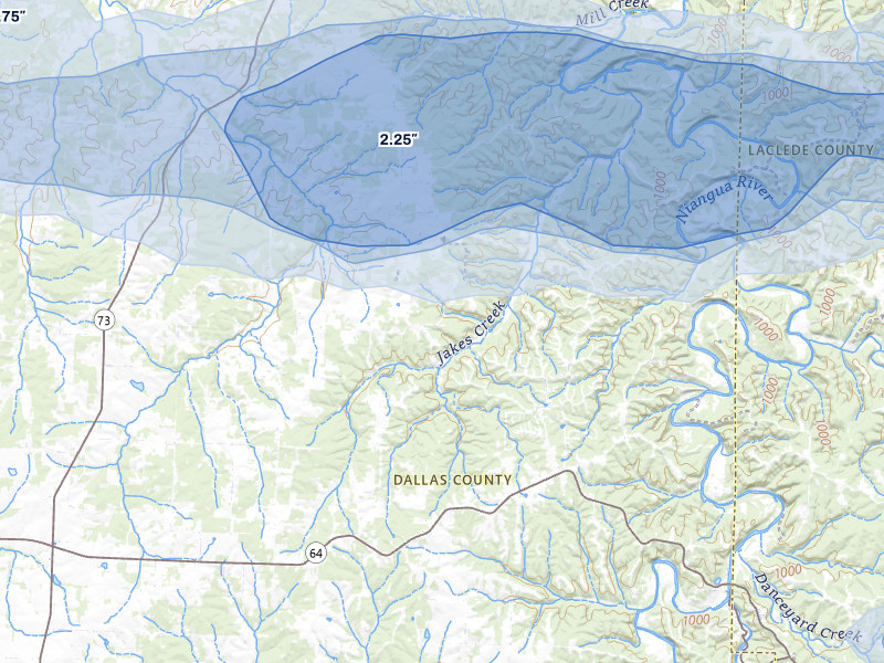NEXRAD radar-signature map of the hail storm over Tunas, MO on Apr 26, 2026