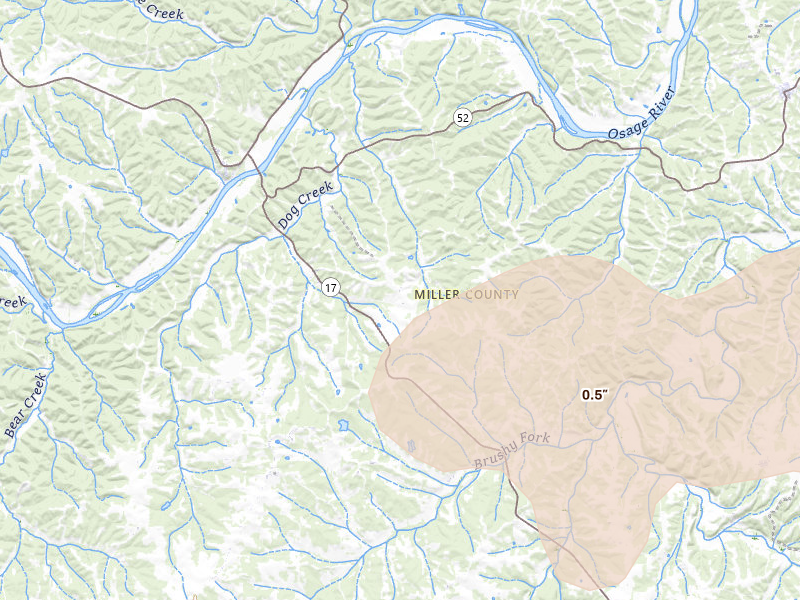 Radar-estimated hail-size map of the storm over Tuscumbia, MO on Apr 26, 2026