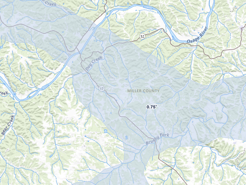 NEXRAD radar-signature map of the hail over Tuscumbia, MO