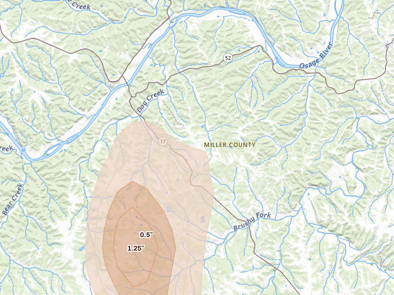 Radar-estimated hail-size map of the storm over Tuscumbia, MO on Jul 2, 2026