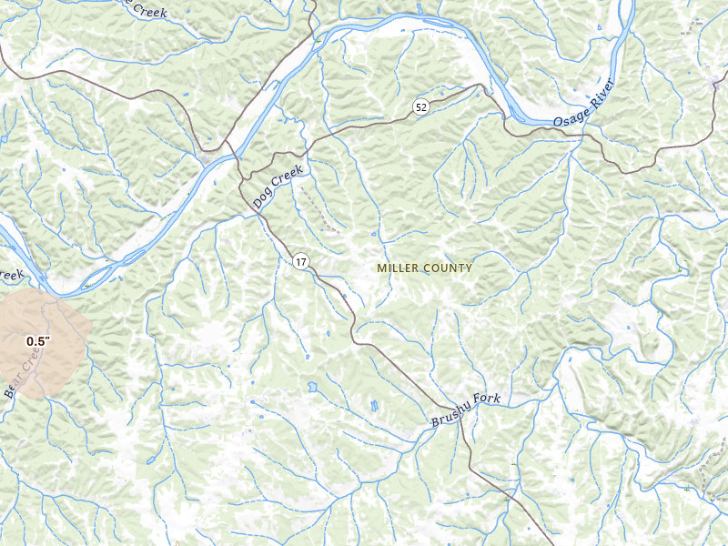 Radar-estimated hail-size map of the storm over Tuscumbia, MO on Jul 8, 2026