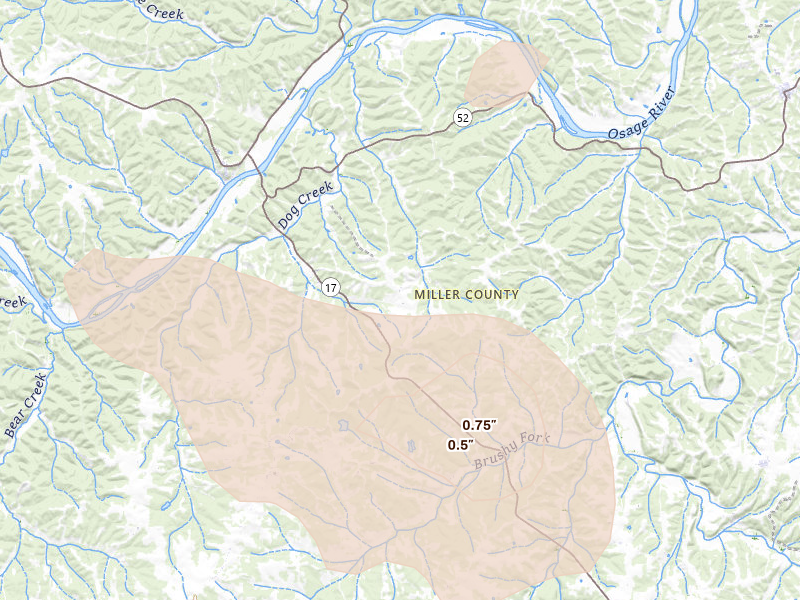 Radar-estimated hail-size map of the storm over Tuscumbia, MO on Jul 10, 2026