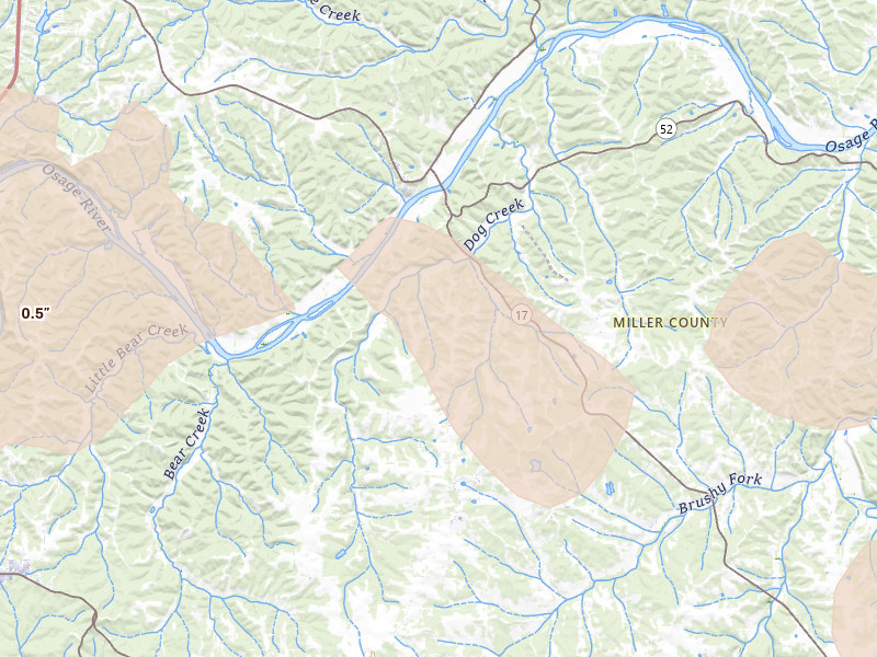 Radar-estimated hail-size map of the storm over Tuscumbia, MO on Aug 18, 2026