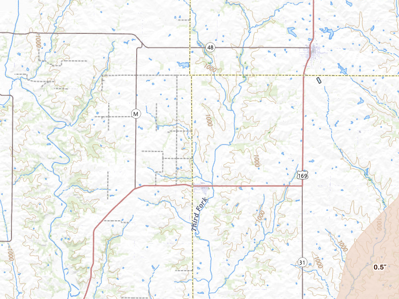 Radar-estimated hail-size map of the storm over Union Star, MO on Mar 5, 2026