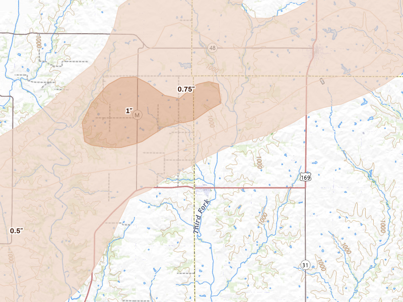 Radar-estimated hail-size map of the storm over Union Star, MO on Apr 17, 2026