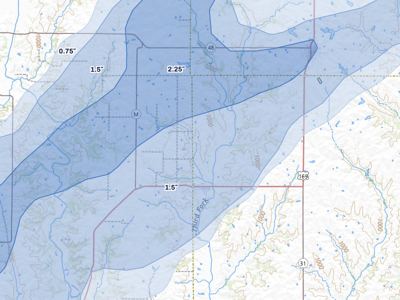 NEXRAD radar-signature map of the hail over Union Star, MO