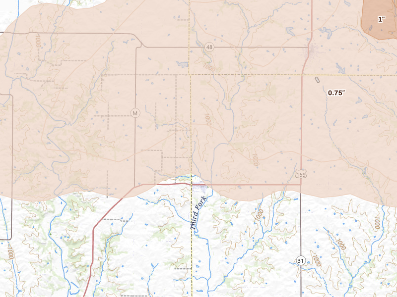 Radar-estimated hail-size map of the storm over Union Star, MO on May 16, 2026