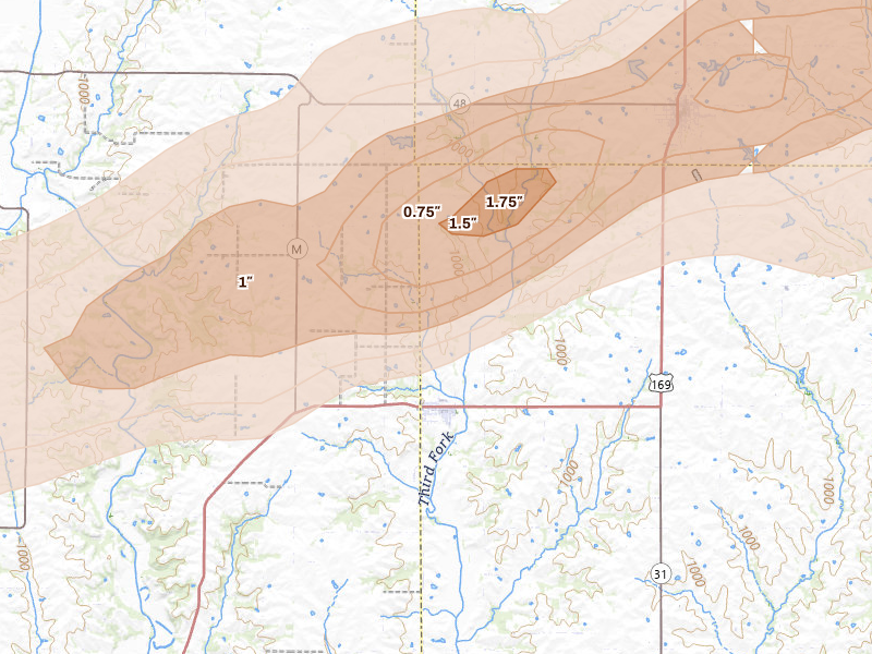 Radar-estimated hail-size map of the storm over Union Star, MO on Jun 4, 2026