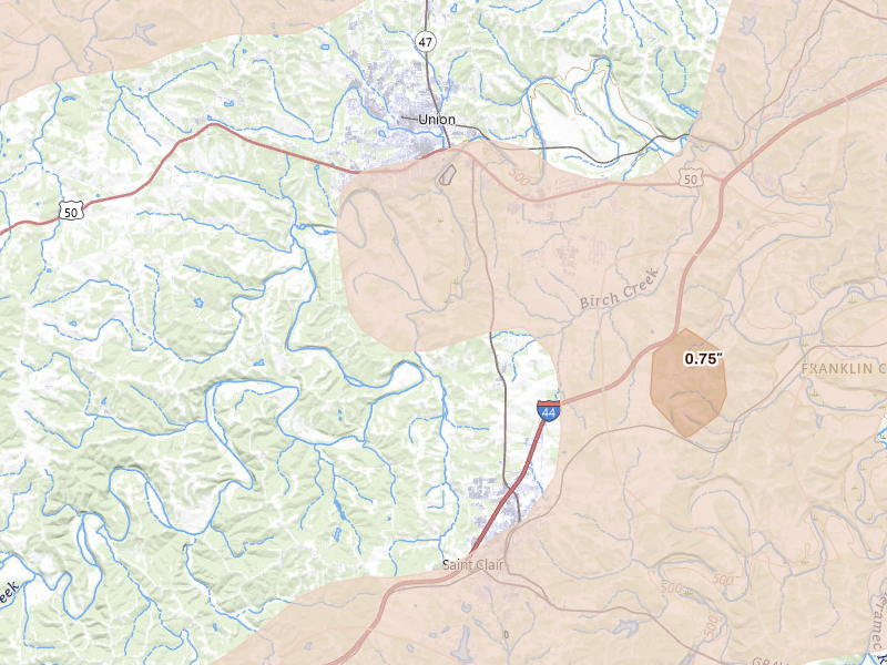 Radar-estimated hail-size map of the storm over Union, MO on Apr 27, 2026