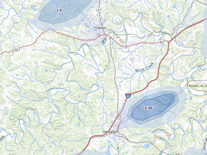 NEXRAD radar-signature map of the hail over Union, MO