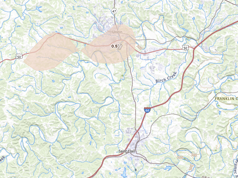 Radar-estimated hail-size map of the storm over Union, MO on Jun 11, 2026