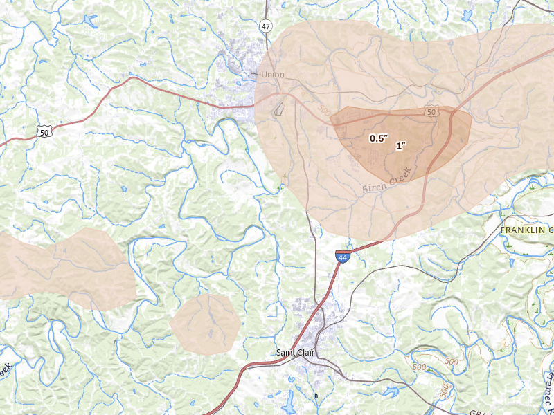 Radar-estimated hail-size map of the storm over Union, MO on Jul 4, 2026