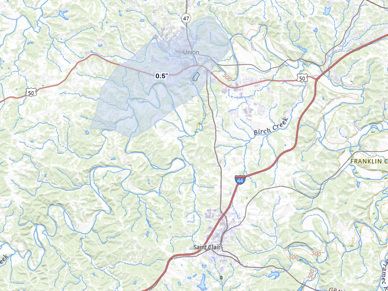 NEXRAD radar-signature map of the hail storm over Union, MO on Jul 5, 2026