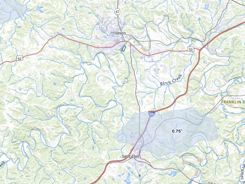 NEXRAD radar-signature map of the hail storm over Union, MO on Jul 31, 2026