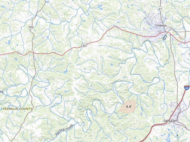 Radar-estimated hail-size map of the storm over Union, MO on Aug 5, 2026