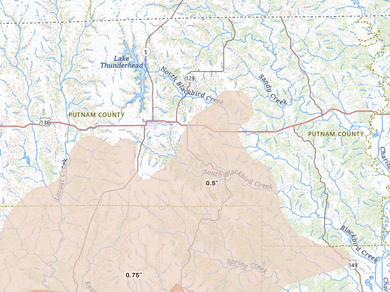 Radar-estimated hail-size map of the storm over Unionville, MO on May 16, 2026