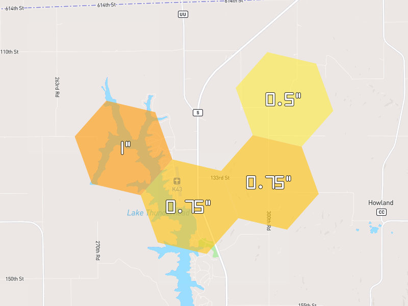 Hail map of Unionville, MO on Jun 6, 2026, hail up to 1"