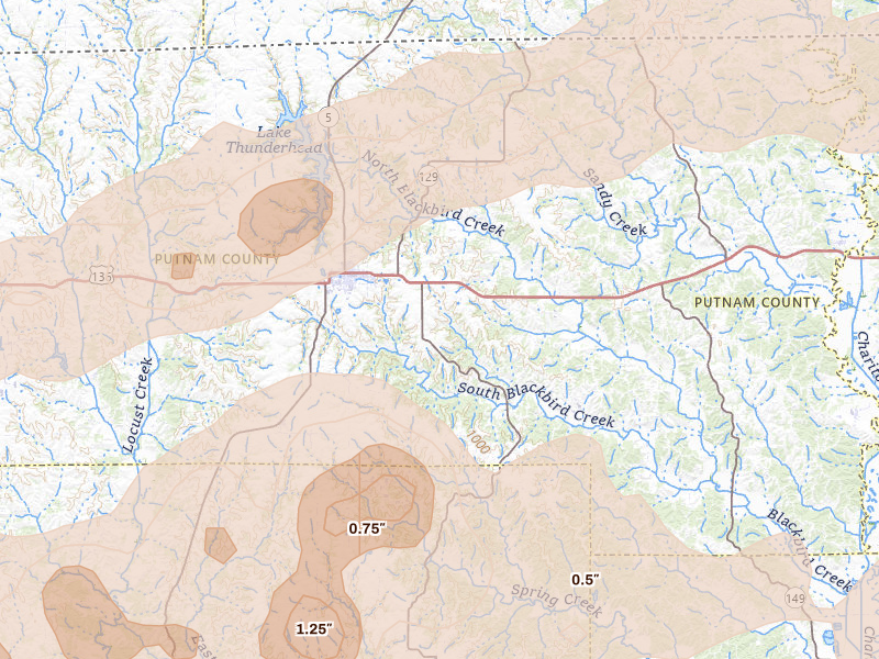 Radar-estimated hail-size map of the storm over Unionville, MO on Jun 10, 2026