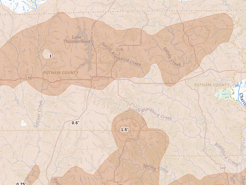 Radar-estimated hail-size map of the storm over Unionville, MO on Jun 11, 2026