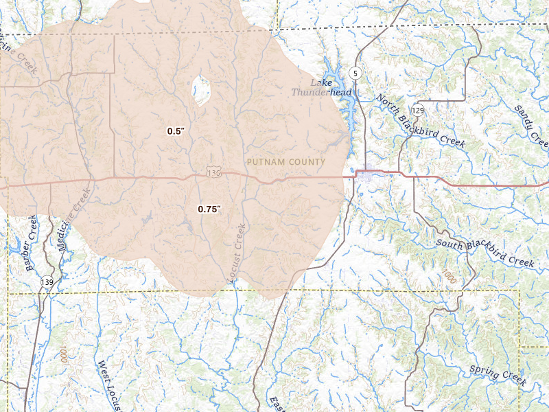 Radar-estimated hail-size map of the storm over Unionville, MO on Aug 4, 2026