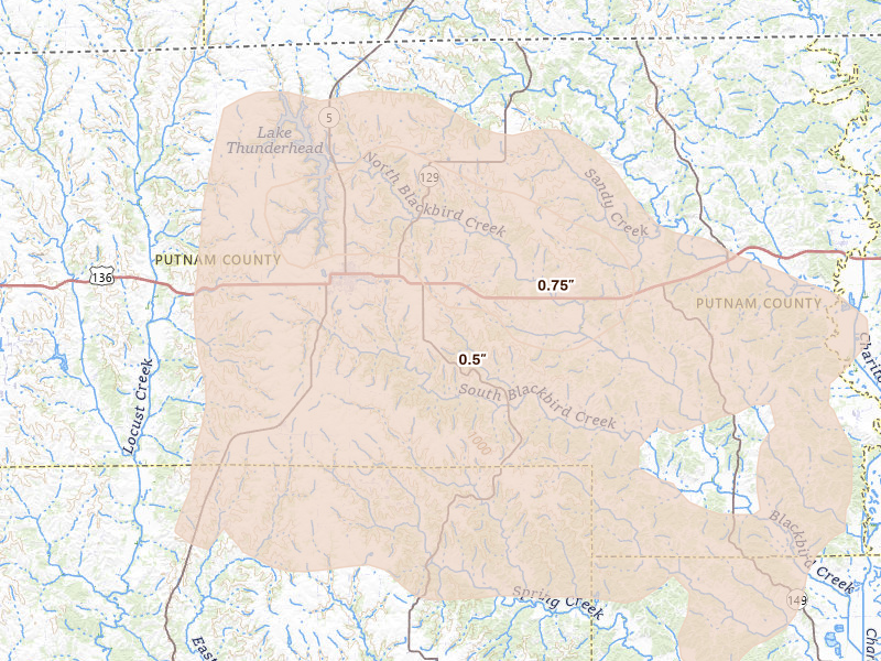 Radar-estimated hail-size map of the storm over Unionville, MO on Aug 5, 2026