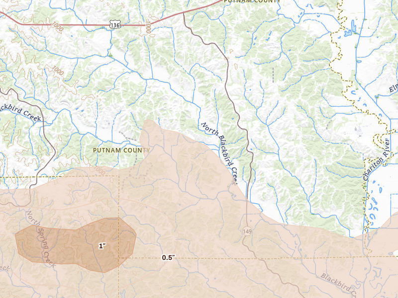 Radar-estimated hail-size map of the storm over Unionville, MO on Aug 14, 2026