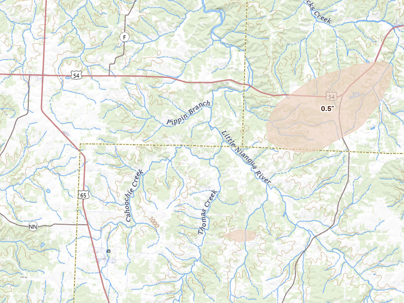 Radar-estimated hail-size map of the storm over Urbana, MO on Apr 16, 2026