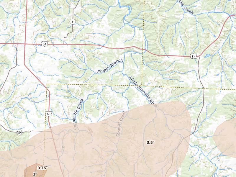 Radar-estimated hail-size map of the storm over Urbana, MO on Apr 28, 2026