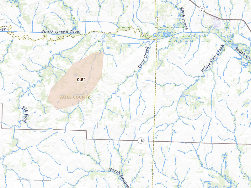 Radar-estimated hail-size map of the storm over Urich, MO on Mar 31, 2026