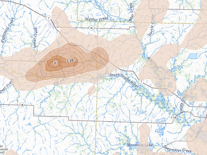Radar-estimated hail-size map of the storm over Urich, MO on Apr 26, 2026