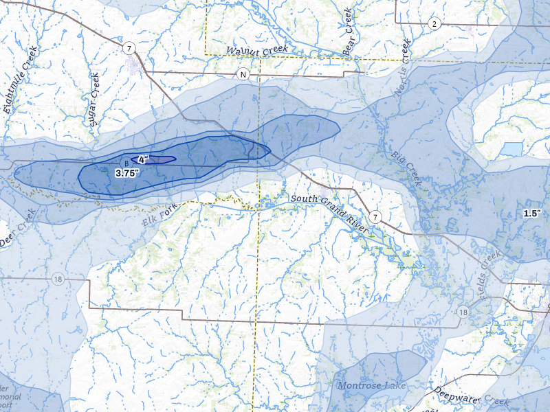 NEXRAD radar-signature map of the hail storm over Urich, MO on Apr 26, 2026