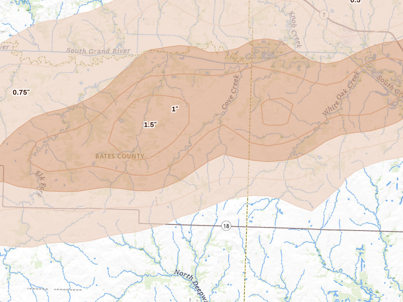 Radar-estimated hail-size map of the storm over Urich, MO on Apr 27, 2026